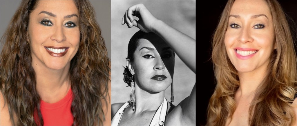 CarOlé Flamenco headshot trio: curly hair left, black-and-white dramatic center, straight hair right